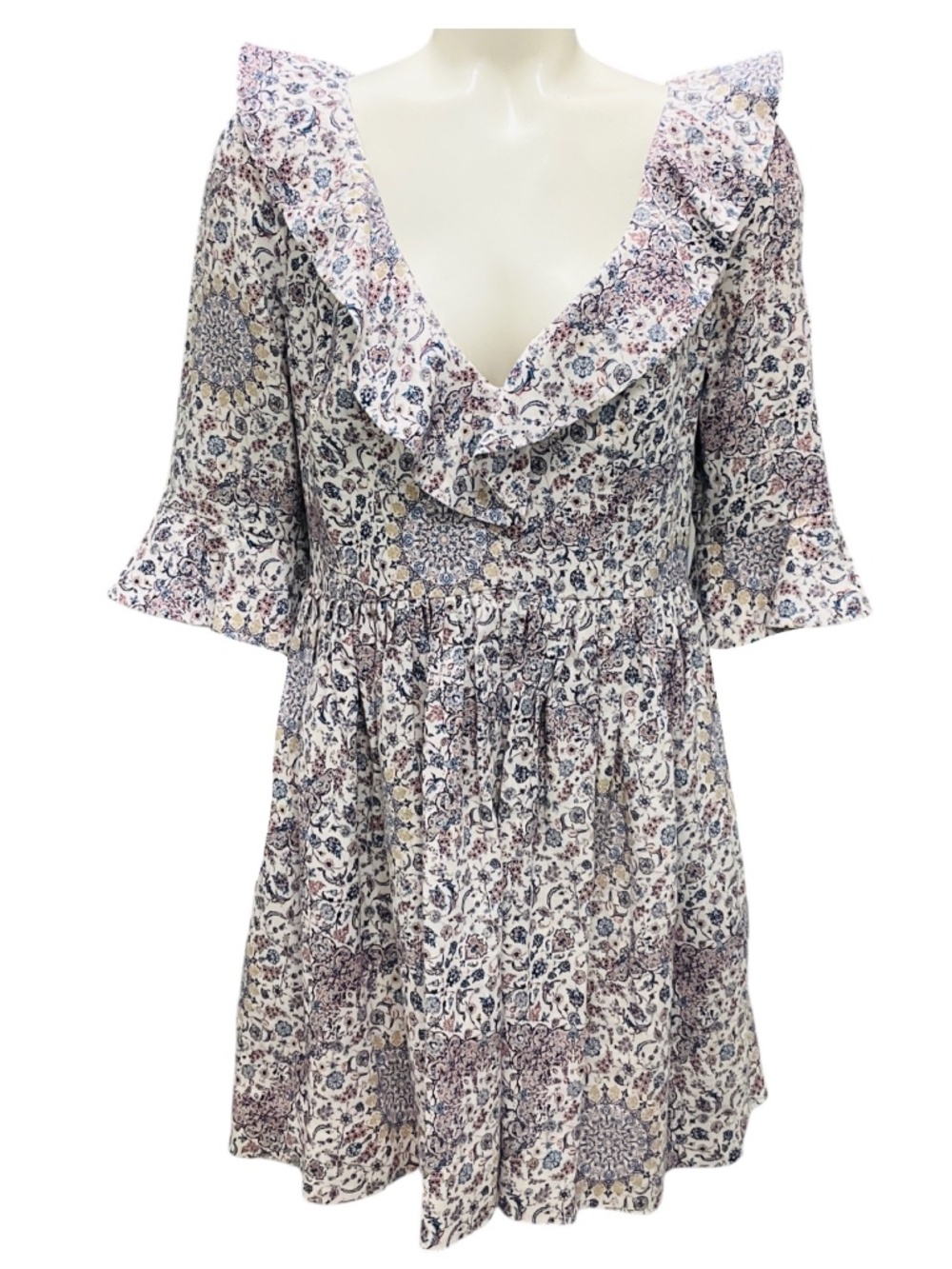 ZIMMERMANN WHITE / PURPLE / BLUE PRINTED LINEN MINI DRESS